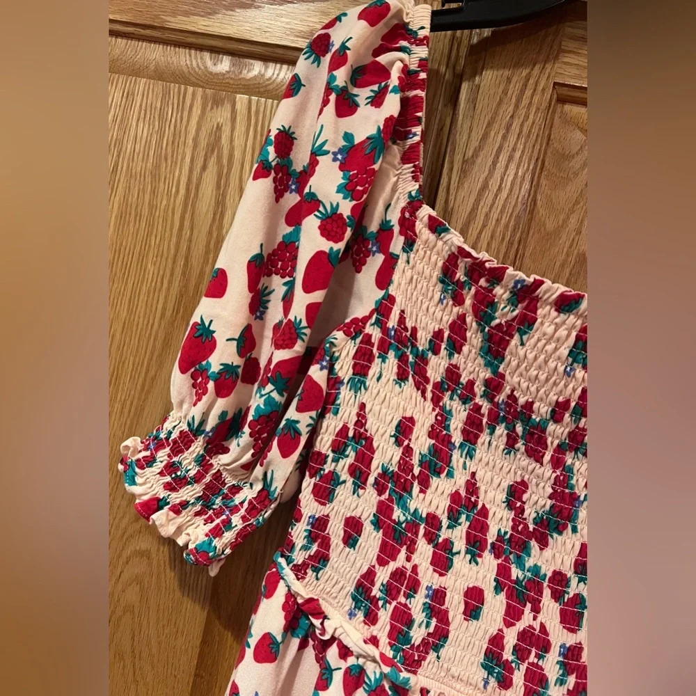 Betsey Johnson Strawberry Fields Smocked Challis Puff Sleeve Milkmaid Maxi Dress